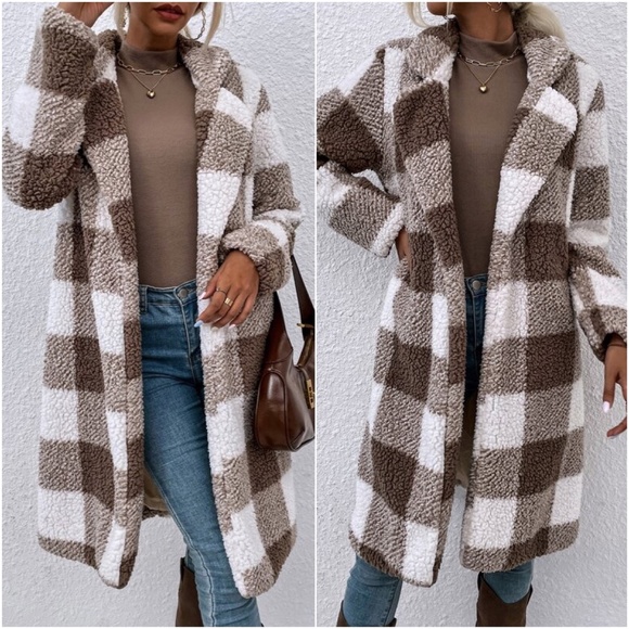 Cozy Plaid Open Front Teddy Oversized Jacket - Picture 3 of 3